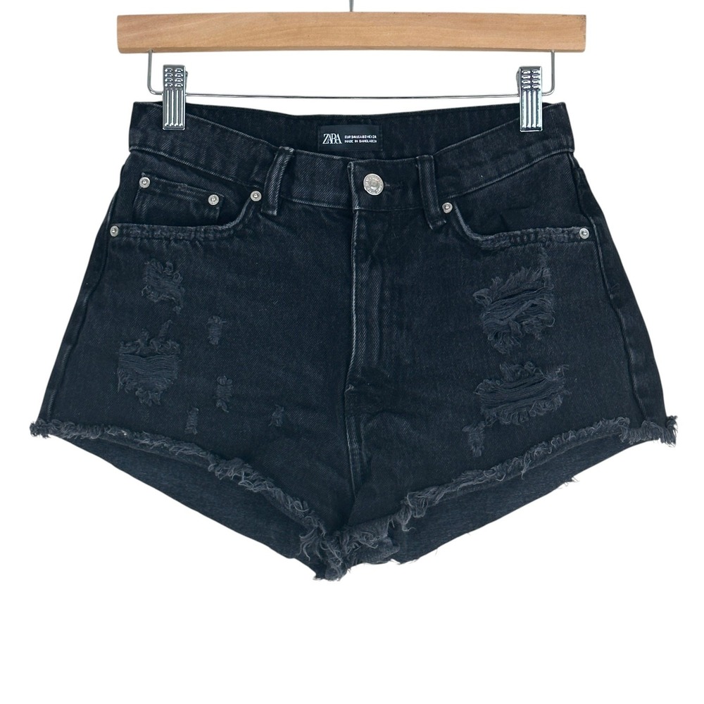 Zara High Rise Distressed Raw Hem Denim Shorts Black Edgy Grunge Size 2